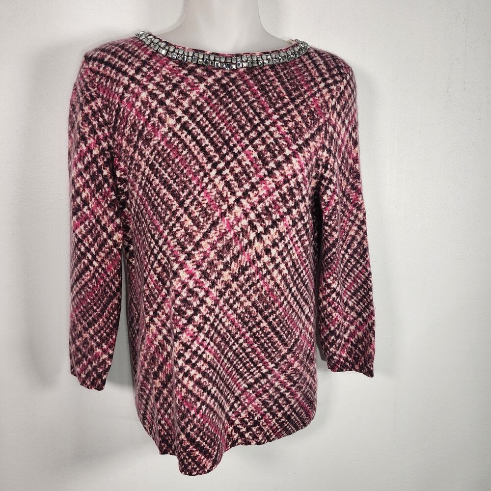 Talbots Pure Cashmere Women Pink Houndstooth Rhinestone Jeweled Sweater Preppy M